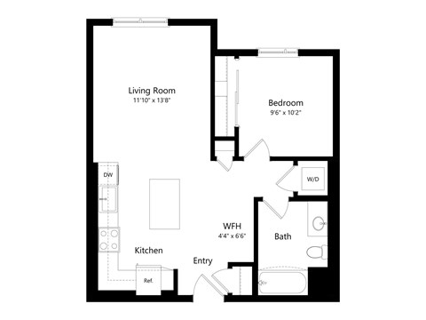 Floor plan for 1 bed, 1 bath, 665 sqft